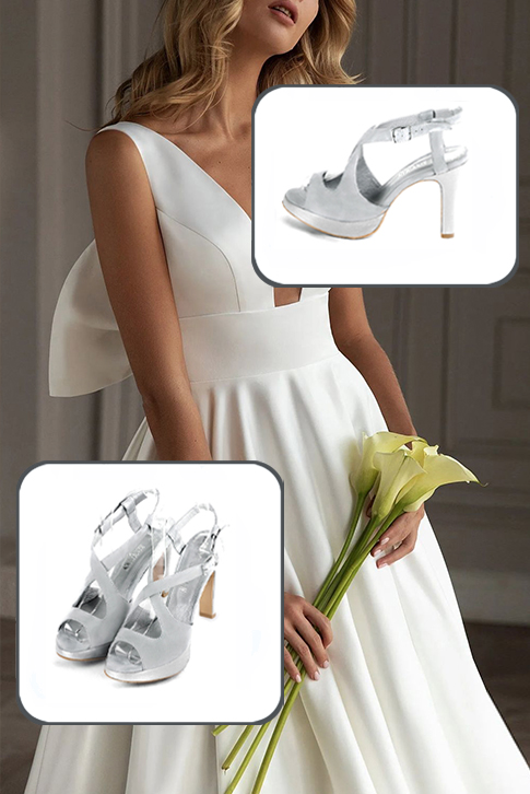 Women's pearl grey and silver elegant cross straps sandals. .  - Worn view